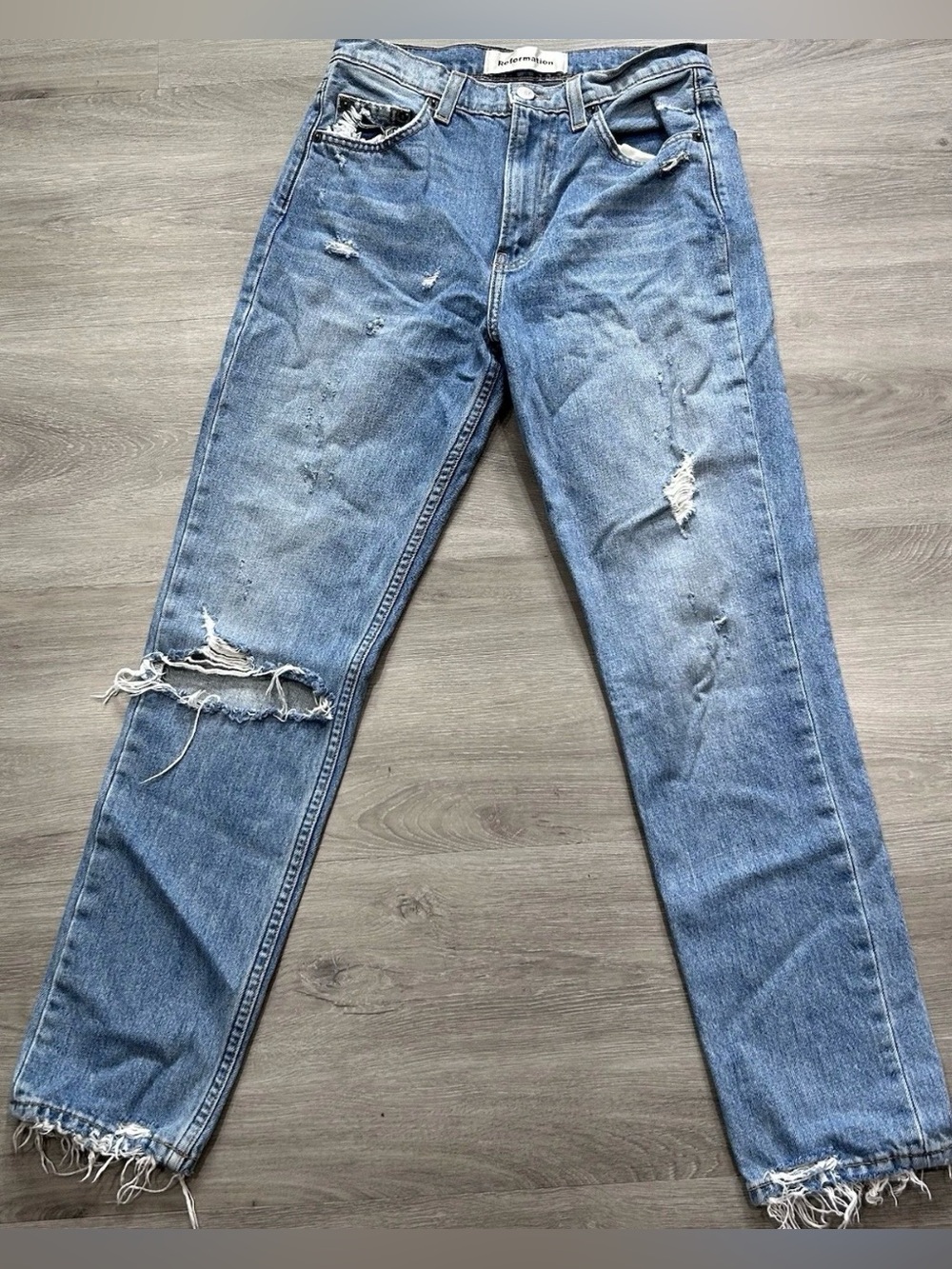 Reformation Julia High Cigarette Jeans Arches Wash Distressed Raw Hem Size 25
